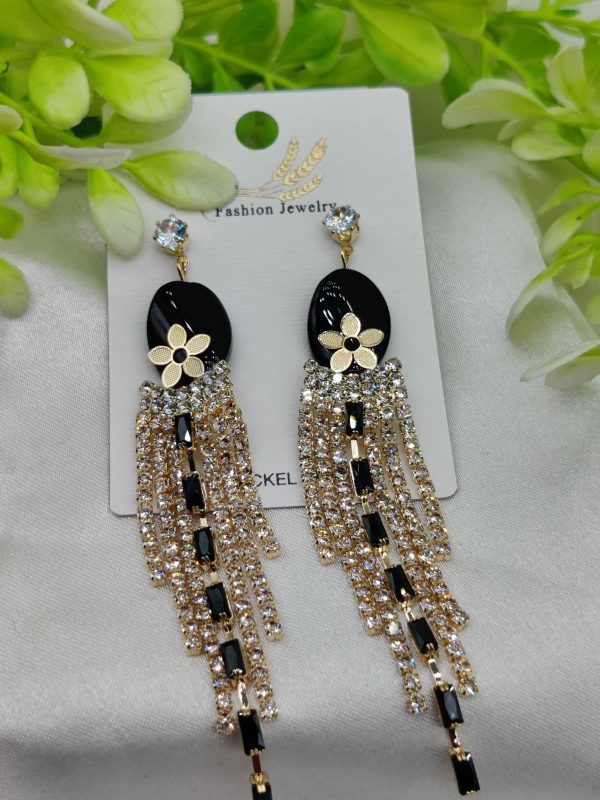 Imported Glamorous Long Tassel Earrings With Black And Crystal | Luxury Look Earrings