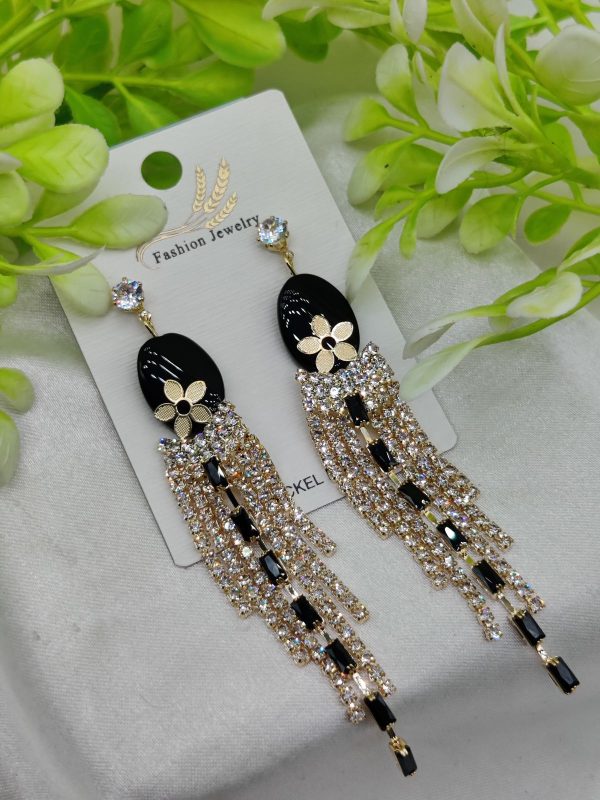 Imported Glamorous Long Tassel Earrings With Black And Crystal | Luxury Look Earrings